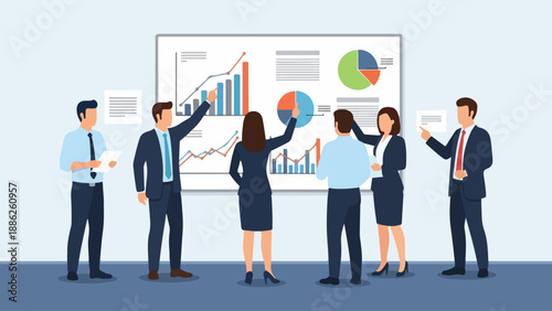 Business professionals analyzing charts and graphs on a presentation screen during a corporate meeting