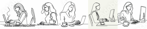 line art of a woman typing while holding a cup of coffee at a table