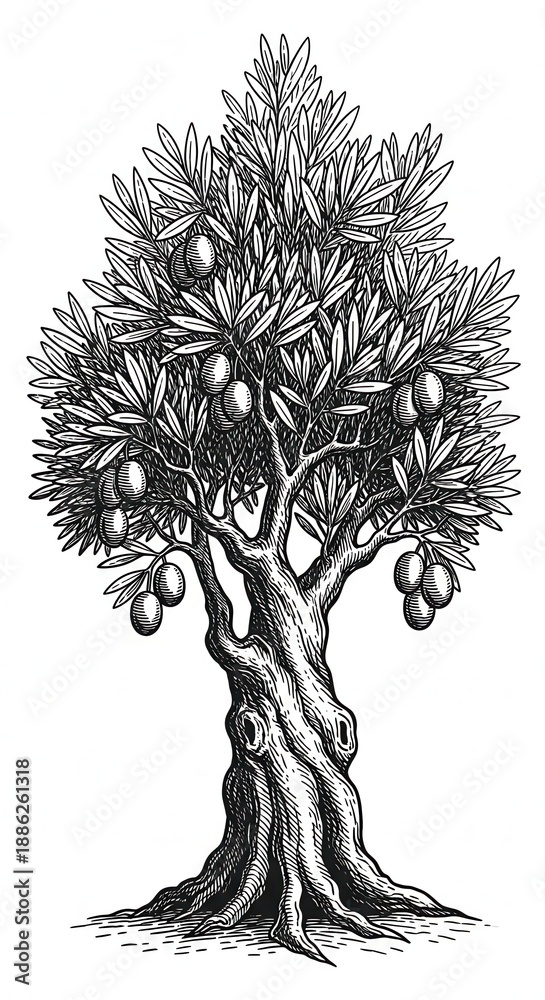 Fototapeta premium Detailed Olive Tree Illustration with Twisted Trunk and Abundant Fruit.