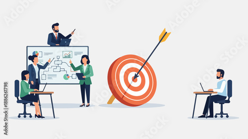 Team collaborating on a project with a target objective in a modern office environment from a front viewpoint