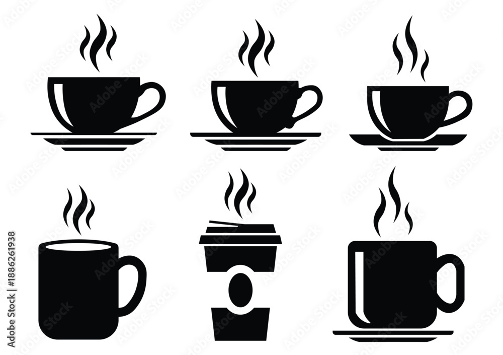 Obraz premium Hot coffee cup icons set with steam silhouettes isolated on white background