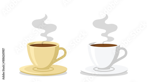 Hot coffee cups with steam isolated on white background illustration