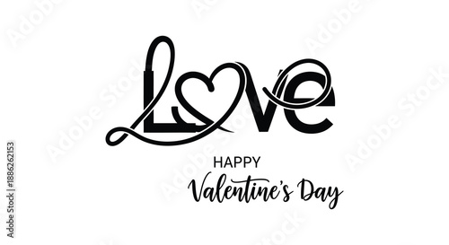The image displays a stylized black inscription of the word love with a valentine s day greeting below it
