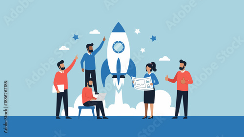 Team celebrating successful product launch with rocket symbolizing growth and innovation in a collaborative environment from a celebratory viewpoint