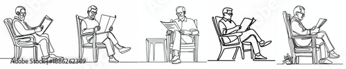 line art of grandfather reading newspaper