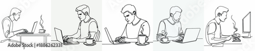line art of a man typing while holding a cup of coffee at a table