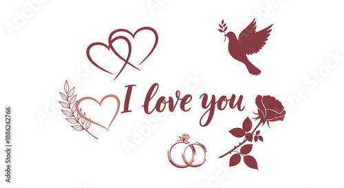 A romantic design featuring intertwined hearts a peaceful dove floral elements and wedding rings conveys love high quality