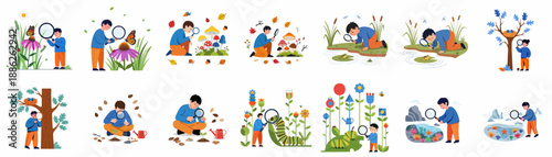 Collection of kids exploring nature and biology, observing insects, plants, mushrooms, and marine life with magnifying glasses for educational discovery.