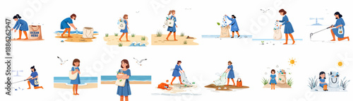 Ocean Hero: Environmental volunteering set showing women cleaning beaches, removing plastic pollution, and promoting recycling efforts.