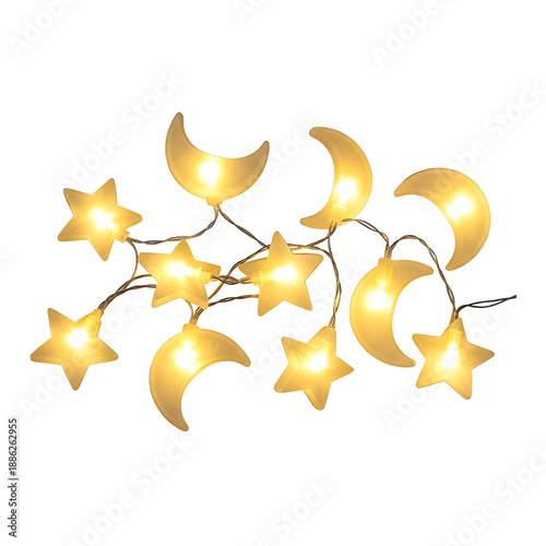 String of Glowing Moon and Star Shaped Fairy Lights isolated on Transparent Background