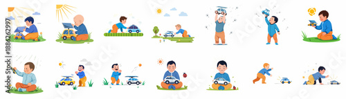 Happy children and toddlers play outdoors with innovative solar-powered toy cars, representing early education in clean energy and sustainability.