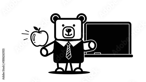 Cartoon bear teacher with apple and blackboard depicting education concept