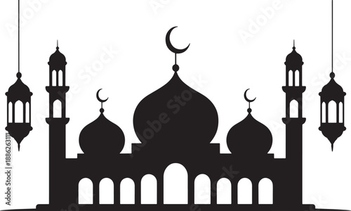 Black silhouette of a mosque with domes and minarets flanked by hanging lanterns