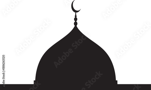 Black silhouette of a mosque dome with crescent moon and finial on white background