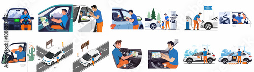 Electric vehicle lifestyle concepts: illustrations of men driving, navigating, and charging EVs using sustainable renewable energy on road trips.