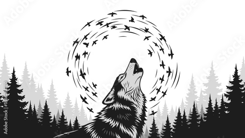 Monochrome Wolf Howling Under a Circle of Birds in a Pine Forest Illustration