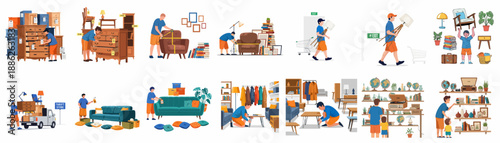 Second-hand furniture shopping and home decoration set: Customers examining, measuring, moving, and styling vintage and thrift store finds.