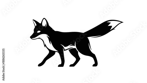 Elegant black and white silhouette of a walking fox against a clean white backdrop