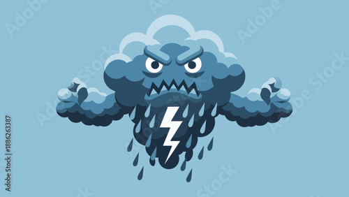Cartoonish depiction of an angry storm cloud with lightning, rain, and menacing facial expressions