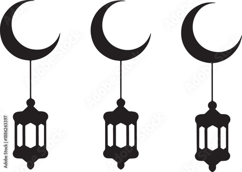 Three black crescent moons with hanging lanterns on white background Islamic Ramadan