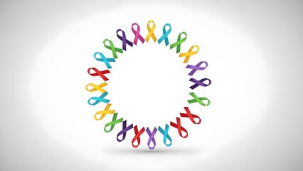 Colorful awareness ribbons arranged in a circle representing unity, hope, and support for various causes.
