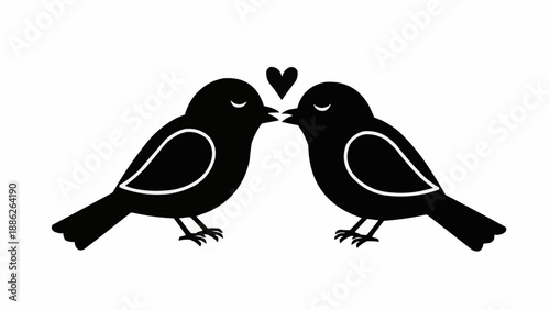 Two black birds kissing with a heart above them.