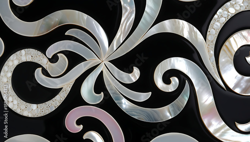 Korean mother-of-pearl patterns. Korean Lacquerware Pattern Design, featuring intricate Mother-of-Pearl Inlay on a rich black Lacquer background, crafted by traditional Korean Najeonchilgi artists