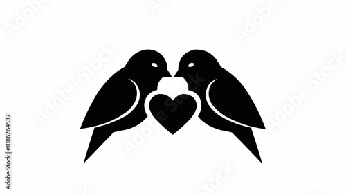 Two black birds facing each other with a heart symbol between them.
