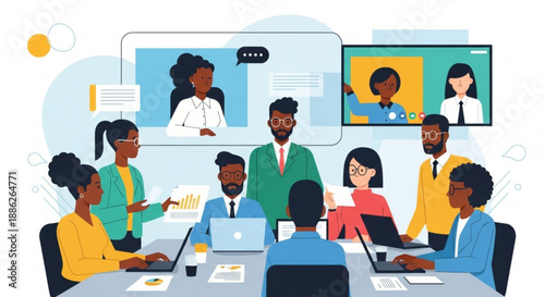 Diverse team in virtual meeting with laptops and screens