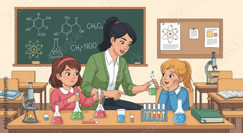Teacher guiding students in chemistry experiment classroom setting