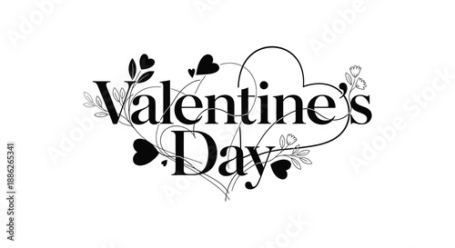 A decorative valentine s day illustration featuring cursive text hearts and floral flourishes in black and white high quality