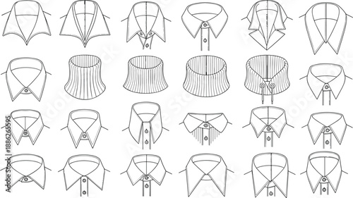 Comprehensive Collection of Men Shirt Collar Vector Sketches Featuring Various Styles Like Spread Cutaway Button Down Wing and Mandarin for Fashion Technical Drawing