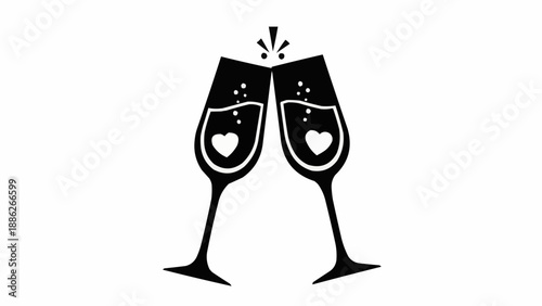 Two champagne glasses clinking together with hearts inside.