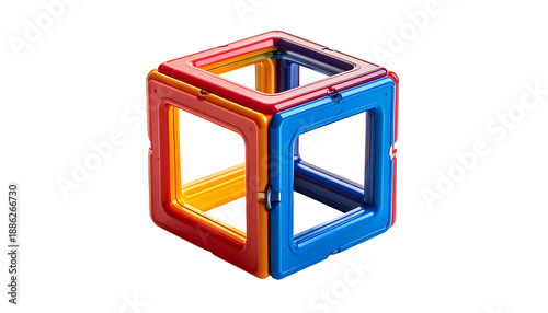 Colorful 3D cube made of interconnected plastic shapes, featuring open faces