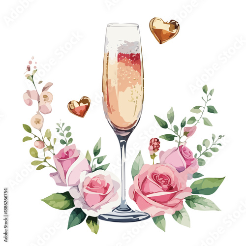 Valentines Champagne Flute with Roses Watercolor Vector – Romantic Floral Toast Illustration Collection
