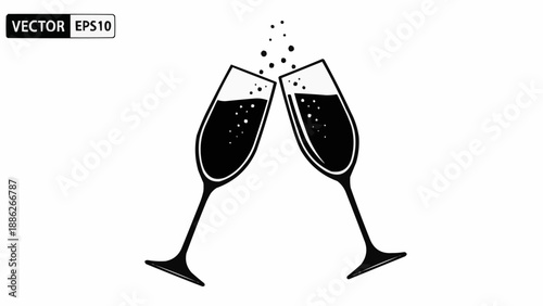 Two champagne glasses clinking together with bubbles rising.