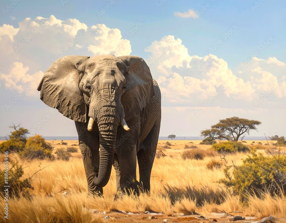 Obraz premium Majestic African Elephant Roaming the Savanna Under a Cloudy Sky.
