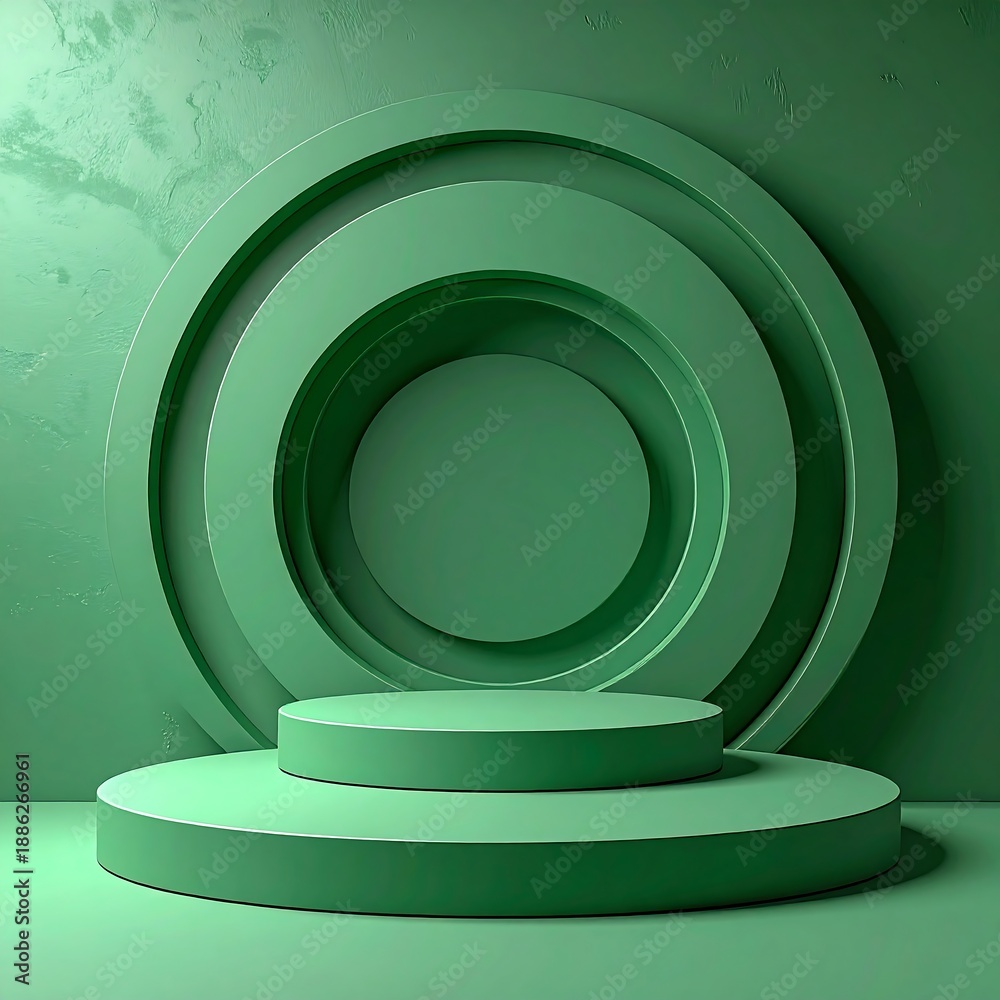 Fototapeta premium A green 3D rendering of concentric circles forming a podium against a matching green wall and floor