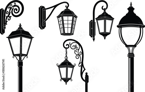 Vintage street lamp collection silhouette, classic outdoor lighting designs, decorative lantern posts, retro urban illumination, black white vector illustration