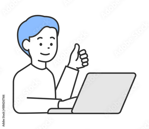 パソコンの前でいいねをする男性のイラスト　ベクター
