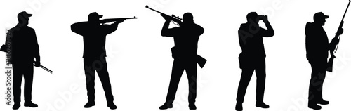 Hunter silhouette collection with rifles and binoculars, outdoor hunting activity poses, wildlife sport concept, professional shooter figures, black white vector illustration