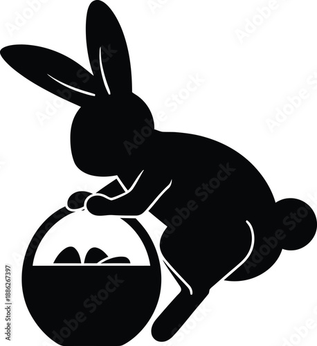 A cute cartoon bunny sits in a spring nature scene with a festive Easter egg and holiday basket in this happy vector illustration art