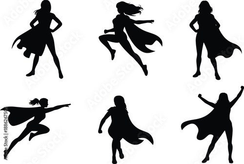 Superhero woman silhouette action poses set, powerful female hero characters, flying jumping stances, comic style, black white vector illustration