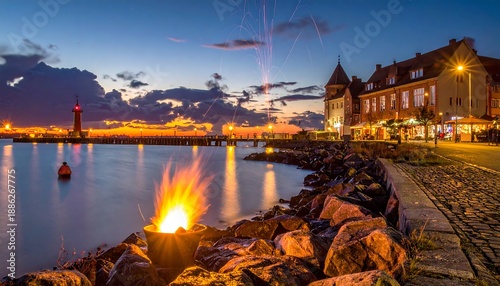 Coastal Evening - Bonfire Glows Near Harbor at Dusk.