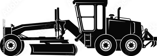 Motor grader silhouette, construction equipment, heavy machinery, roadwork vehicle, grading blade, civil engineering, black and white, industrial icon, site preparation, machine profile, work tool