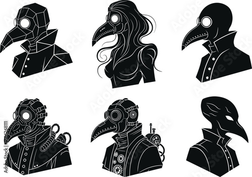 Plague doctor illustration, beaked mask character, fantasy design, steampunk style, cyberpunk elements, gothic art, mysterious figure, black silhouette, historical costume, sci-fi theme, dark concept