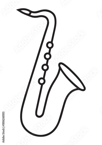 Minimalist saxophone line art illustration, simple musical woodwind instrument vector design, black and white jazz music icon