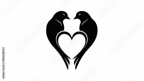 Two silhouette birds forming a heart shape with their bodies.
