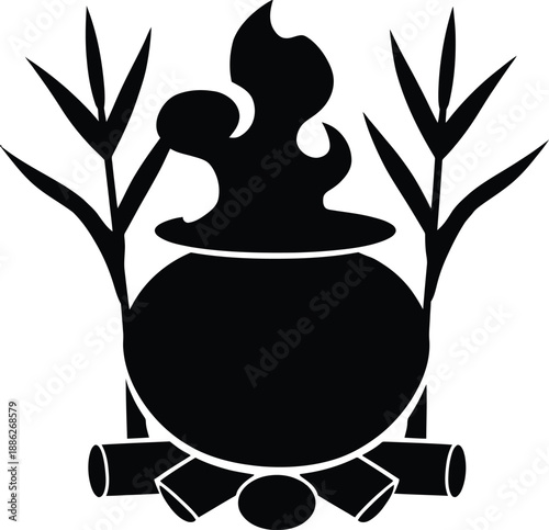 Pongal festival pot silhouette with sugarcane and fire