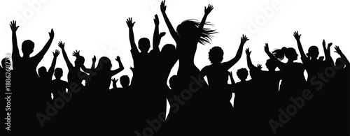 Cheering crowd silhouette with raised hands, people celebrating concert festival party energy joy freedom concept, black figures isolated on white background